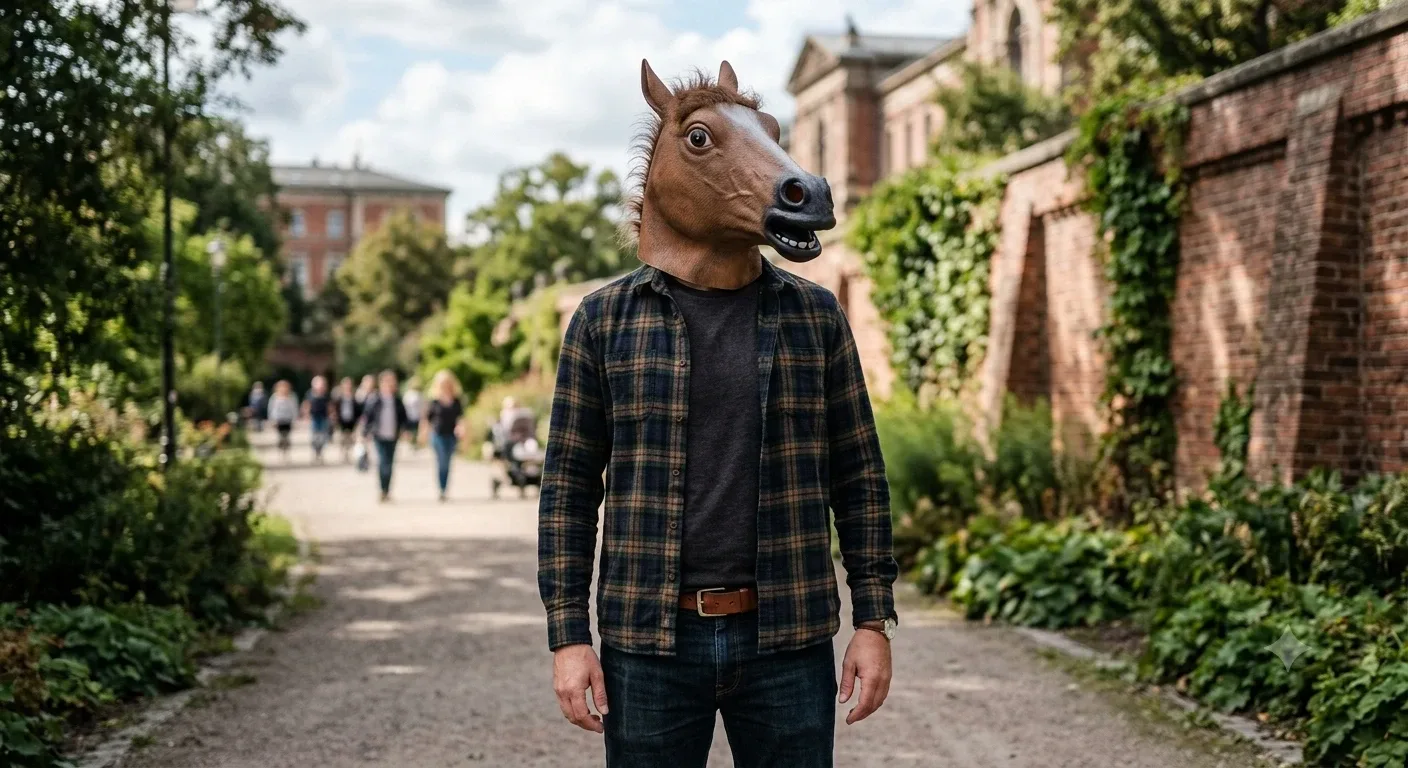 Homme portant un masque de cheval dans un parc